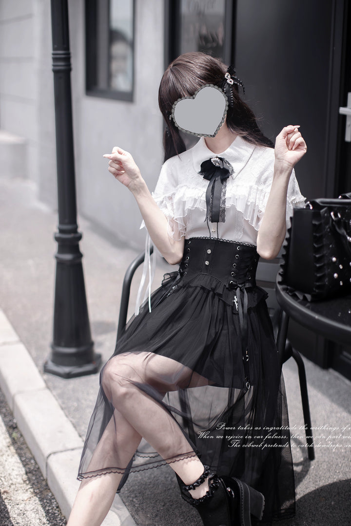 Jirai Kei Cape-Styled Blouse, High-Waist Skirt With Veil Overlay 42919:775522