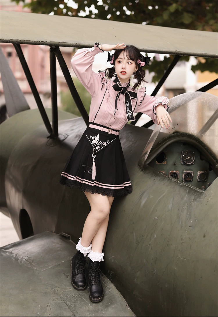 Pink Jirai Kei Blouse Black Skirt Chinese Hanfu Two-piece Set 22036:362432