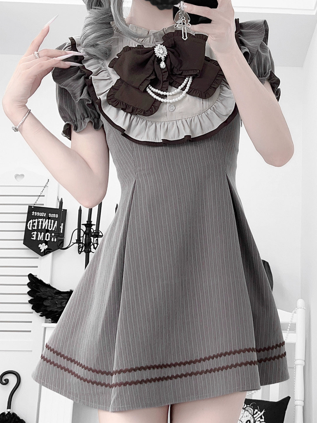 Striped Jirai Kei Dress,Thigh Length, Detachable Bowtie 43574:780063