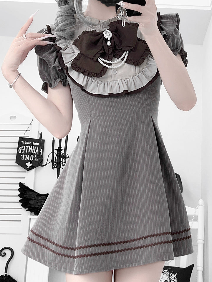 Striped Jirai Kei Dress,Thigh Length, Detachable Bowtie 43574:780063