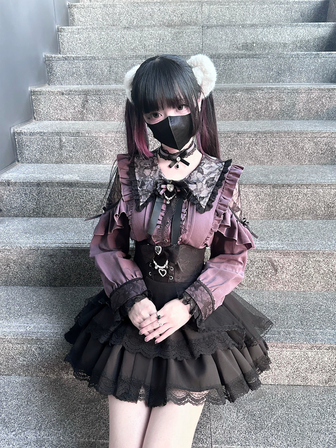 Jirai Kei Tiered Tuffles Skirt, Elastic High-Waist 44587:814595