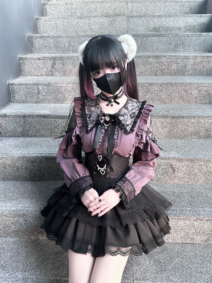 Jirai Kei Tiered Tuffles Skirt, Elastic High-Waist 44587:814595