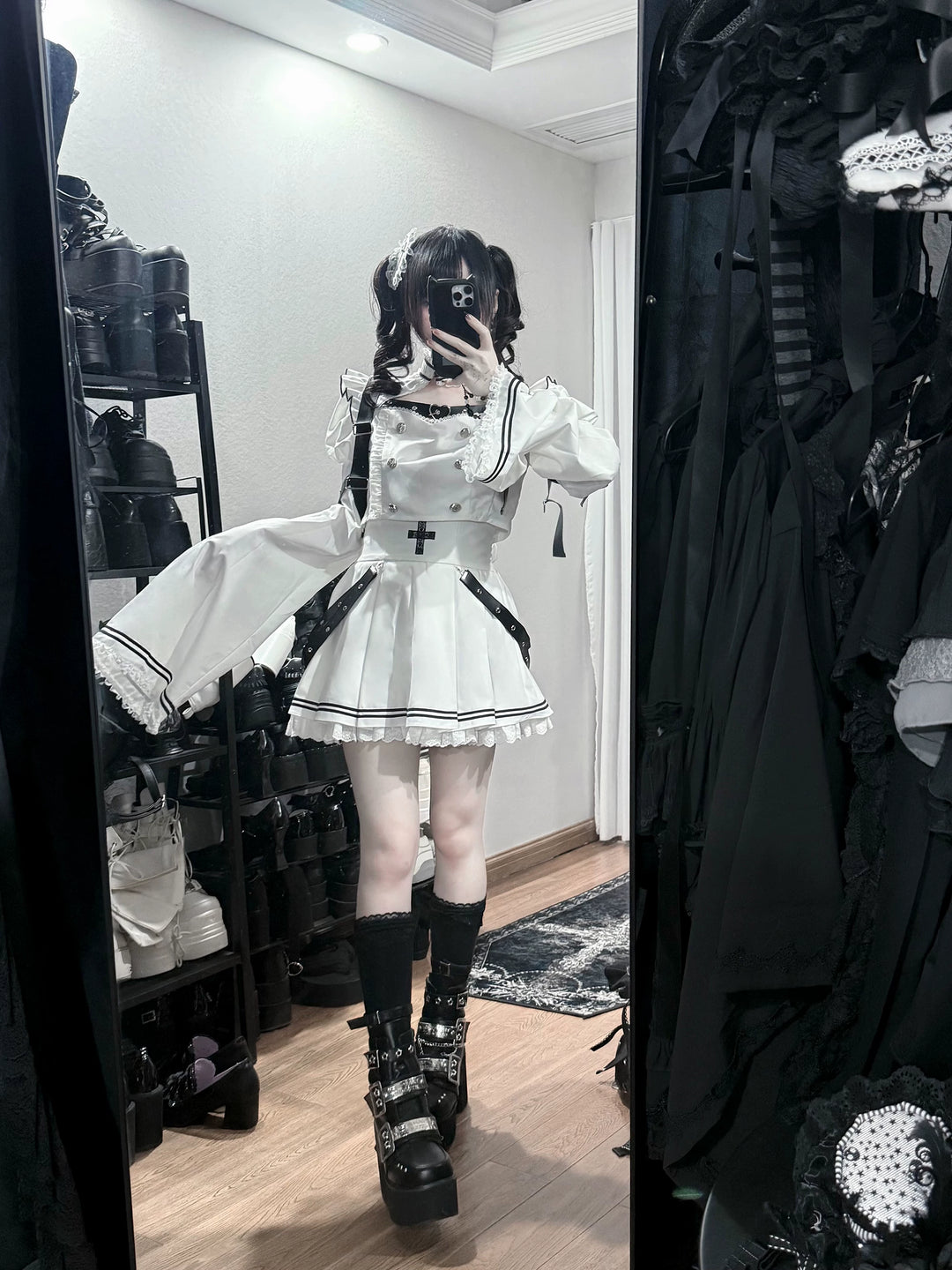 Black-and-White Gothic Top and Skirt Set, Belt & Lace 46072:874671
