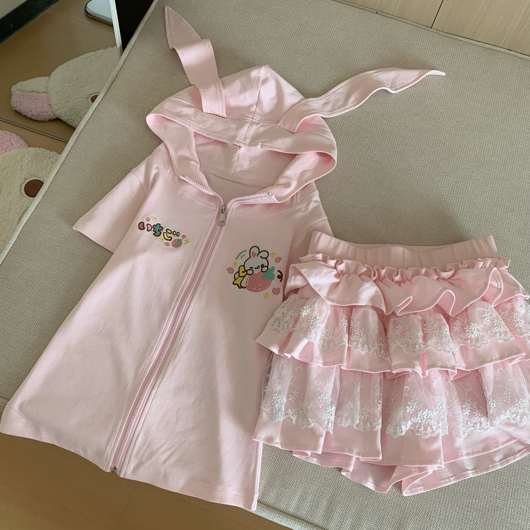 Kawaii Pink Short-sleeved Hoodie Jacket With Long Bunny Ears 42730:751095