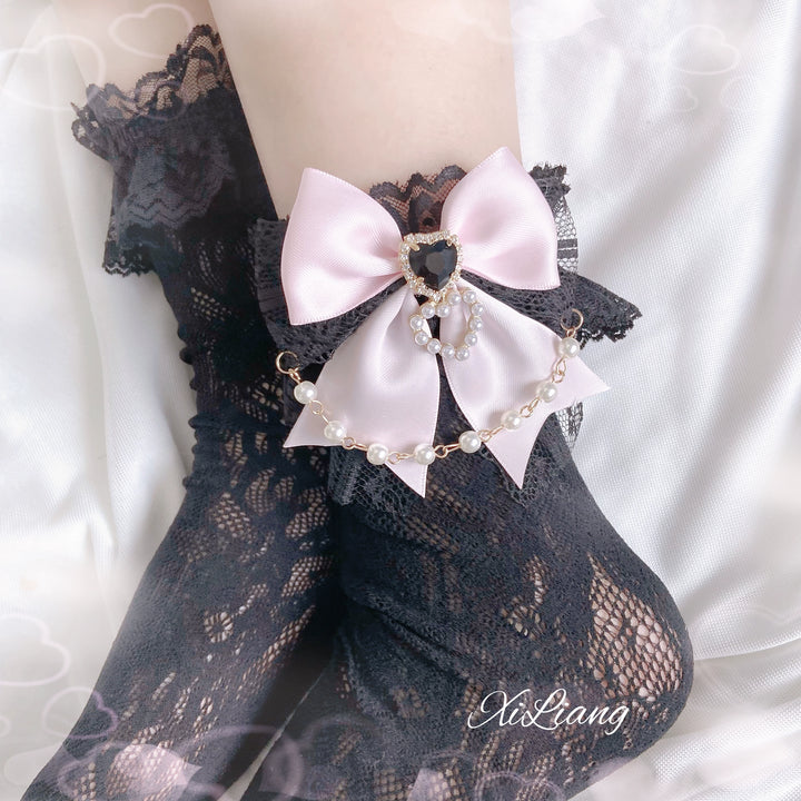 Jirai Kei Socks With Pearl Chain And Sweetheart Rhinestone Detail 28904:326752