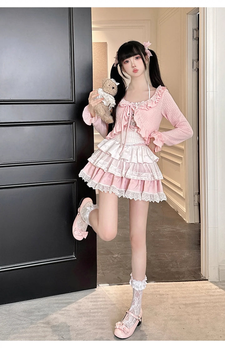 Ryousangata Skirt Set Pink Cardigan White Straps Top 37008:548370 37008:548370