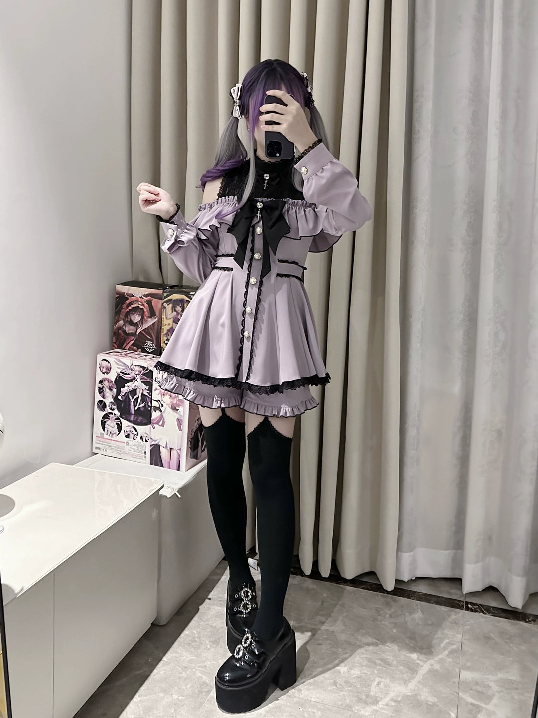Jirai Kei Dress Set, Open-Shoulder Dress, Lace Patchwork 41552:703532