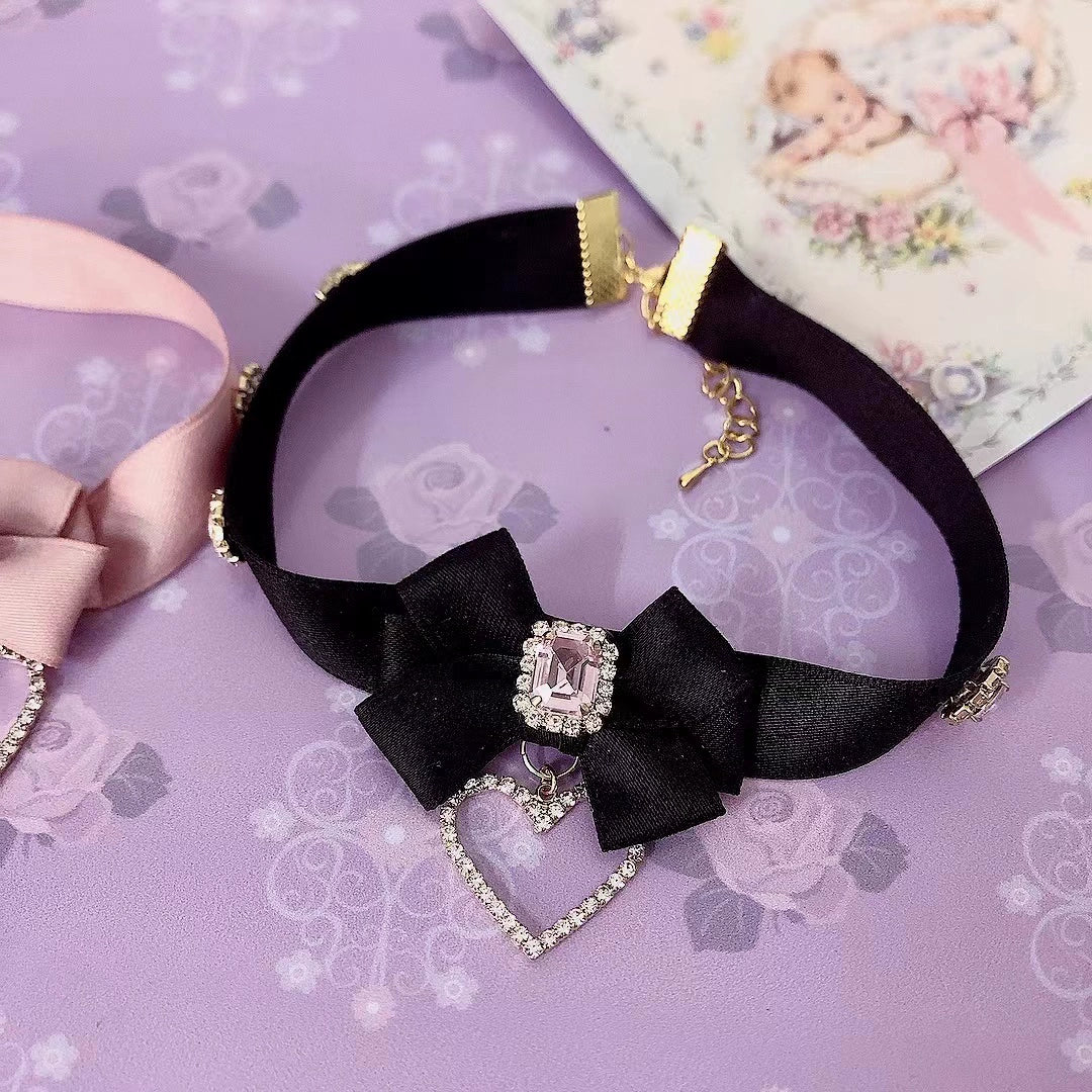 Pink Black Jirai Kei Necklace Choker With Bow And Rhinestone (Black) 21762:313070