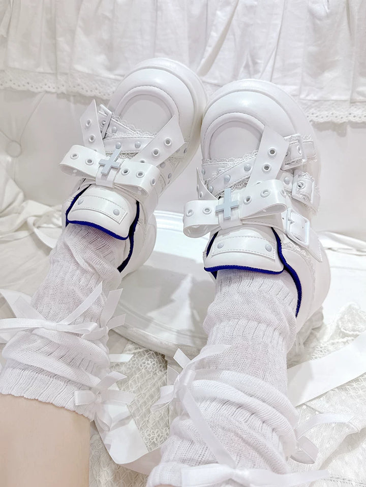 Jirai Kei High Platform Shoes, Multiple Buckle Straps (White / 35 36 37 38 39 40) 44626:815655