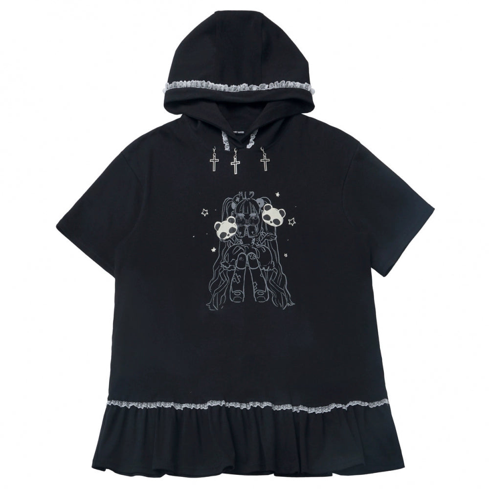 Black Cotton Sport-styled Jirai Kei Hoodie Dress & Shorts Set (L M S) 42980:760054