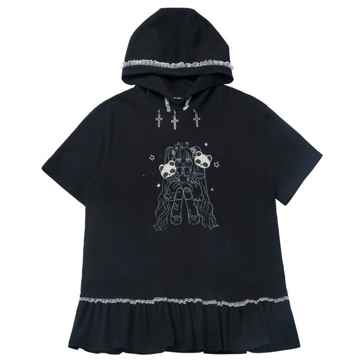 Black Cotton Sport-styled Jirai Kei Hoodie Dress & Shorts Set (L M S) 42980:760054