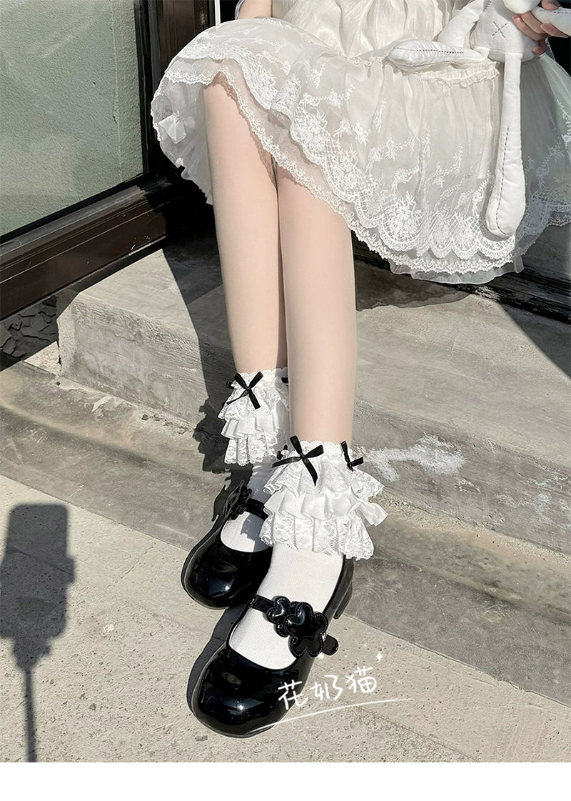 White Lolita Socks Bow And Lace Mid-Calf Cotton Socks 35630:500874 35630:500874