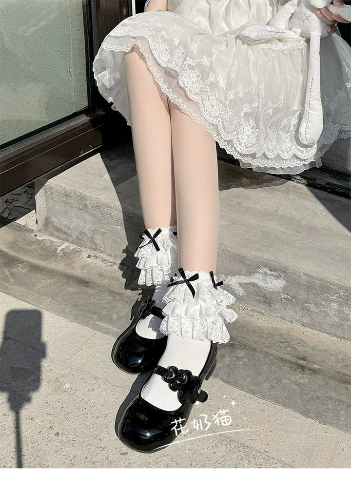 White Lolita Socks Bow And Lace Mid-Calf Cotton Socks 35630:500874 35630:500874
