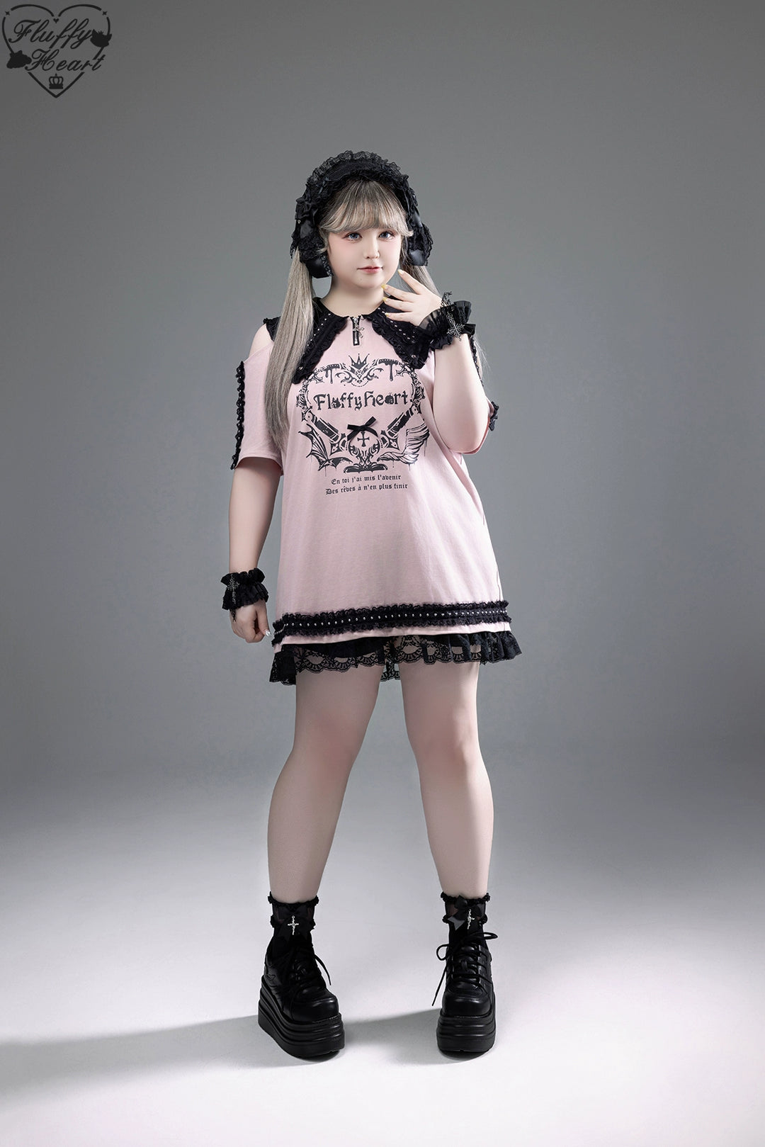 Cotton Sub Jirai Kei T-Shirt Dress, Pointed Collar, Open Shoulder 43373:774848