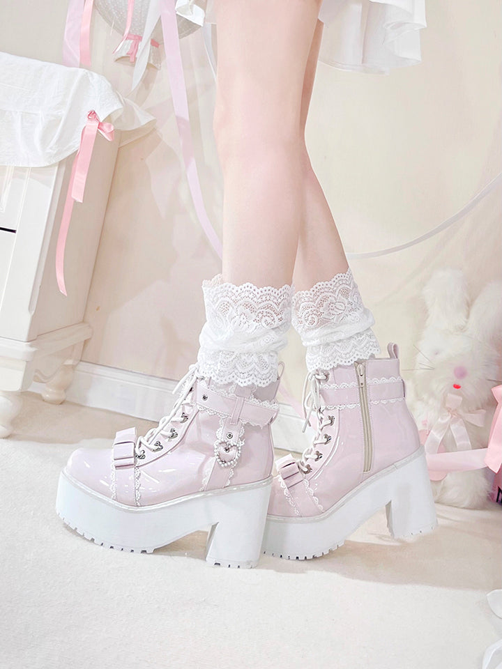 Jirai Kei Shoes Ankle Boots with Heart-shaped Pearl Buckle Detail 42651:749003