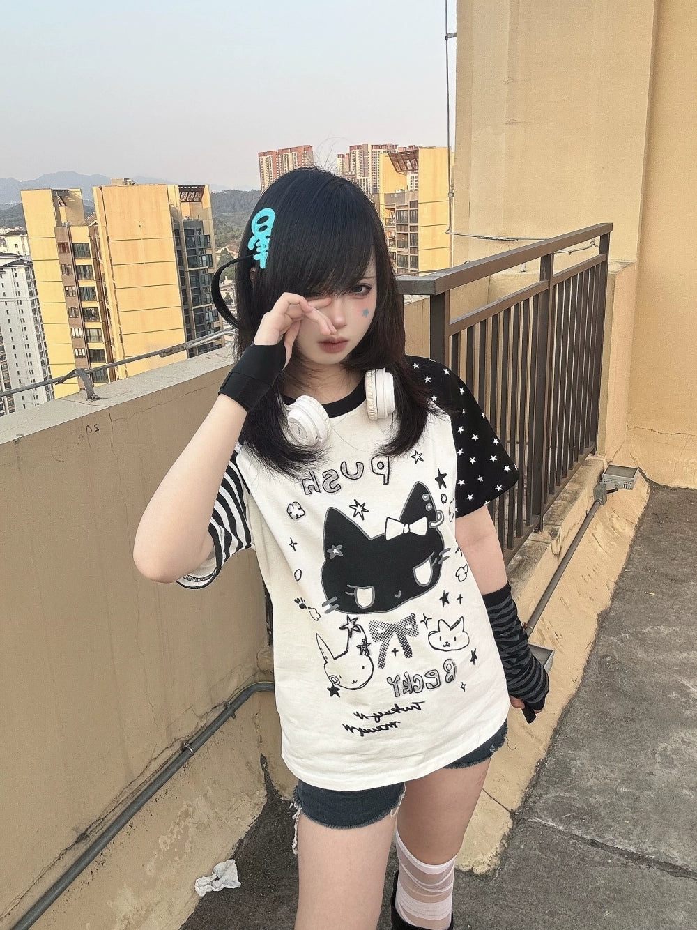 Kawaii Otaku Anime Cat Print Cotton Shirt Black & White 42851:755319