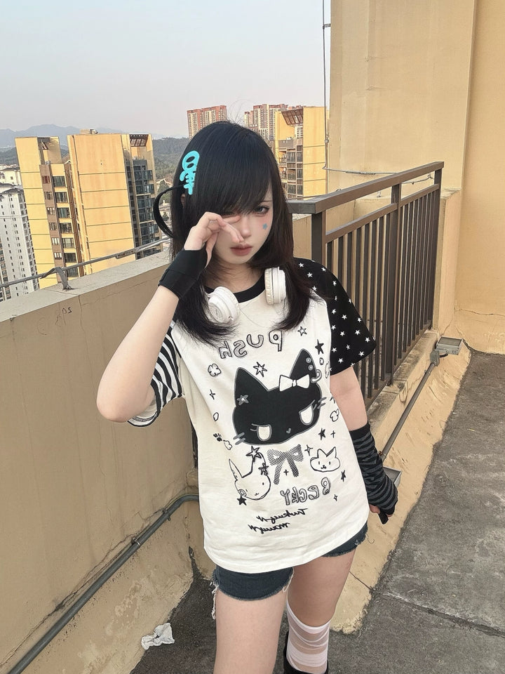 Kawaii Otaku Anime Cat Print Cotton Shirt Black & White 42851:755319