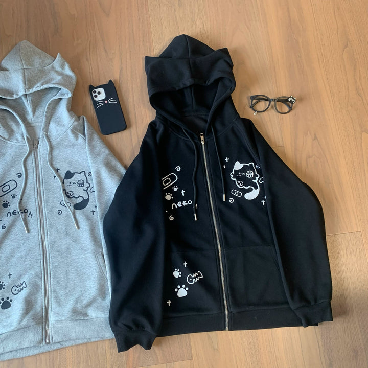 Kawaii Cat Ear Hooded Jacket, Bandage & Fishbone Print 43324:774176