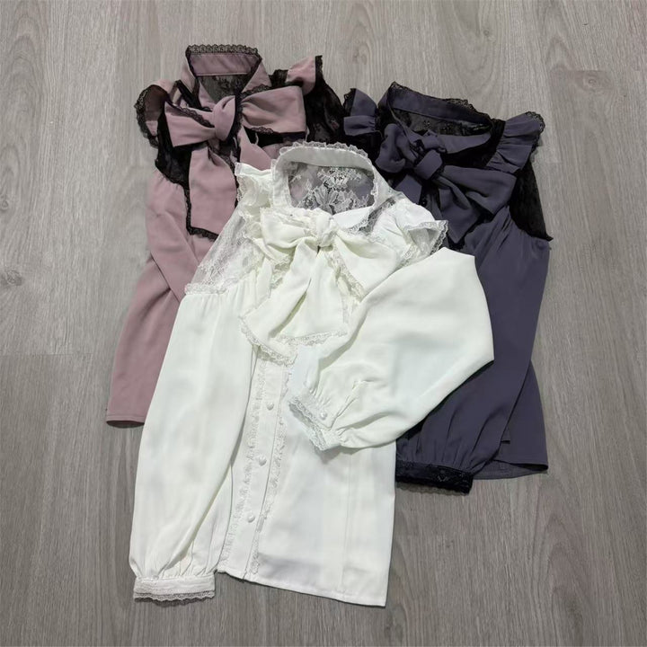 Jirai Kei Stand Collar Shirt with Lace Shoulder And Ribbon 42748:751799