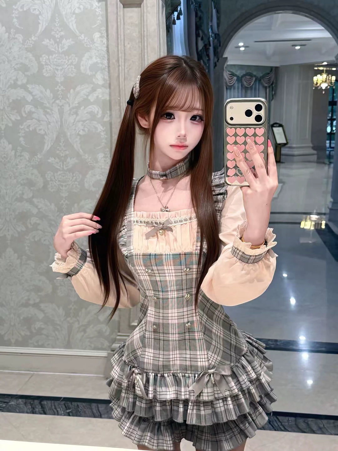 Ryousangata Pink Grey Plaid Dress Set with Choker 46077:874940