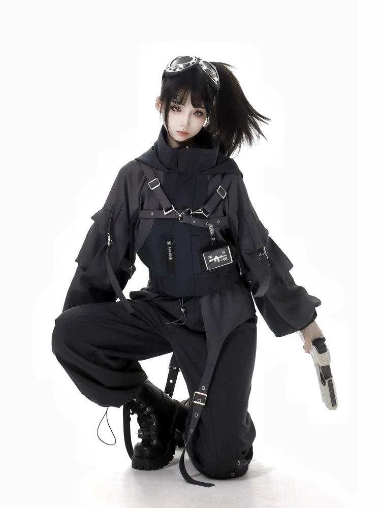 Techwear Black Jacket, Futuristic Pants & Skirt 44862:828368