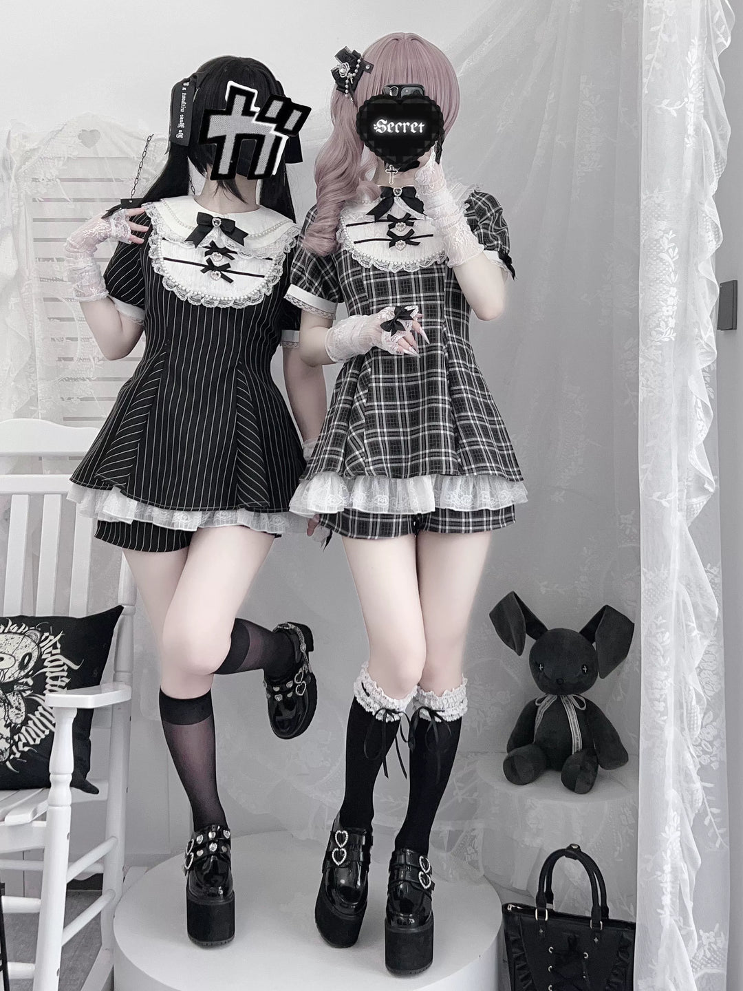 Peter Pan Collar Jirai Kei Dress Set, Bunny Ear 43649:783836