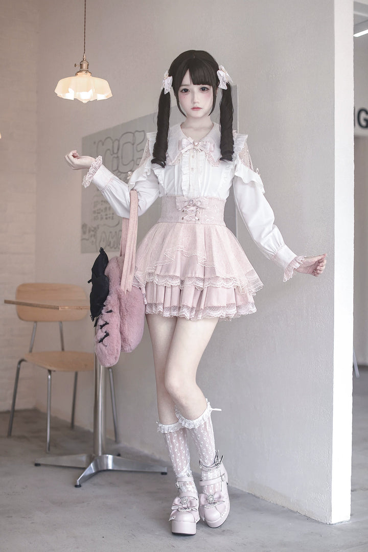 Jirai Kei Long Sleeve Blouse, Lace Open-Shoulder 44588:815022