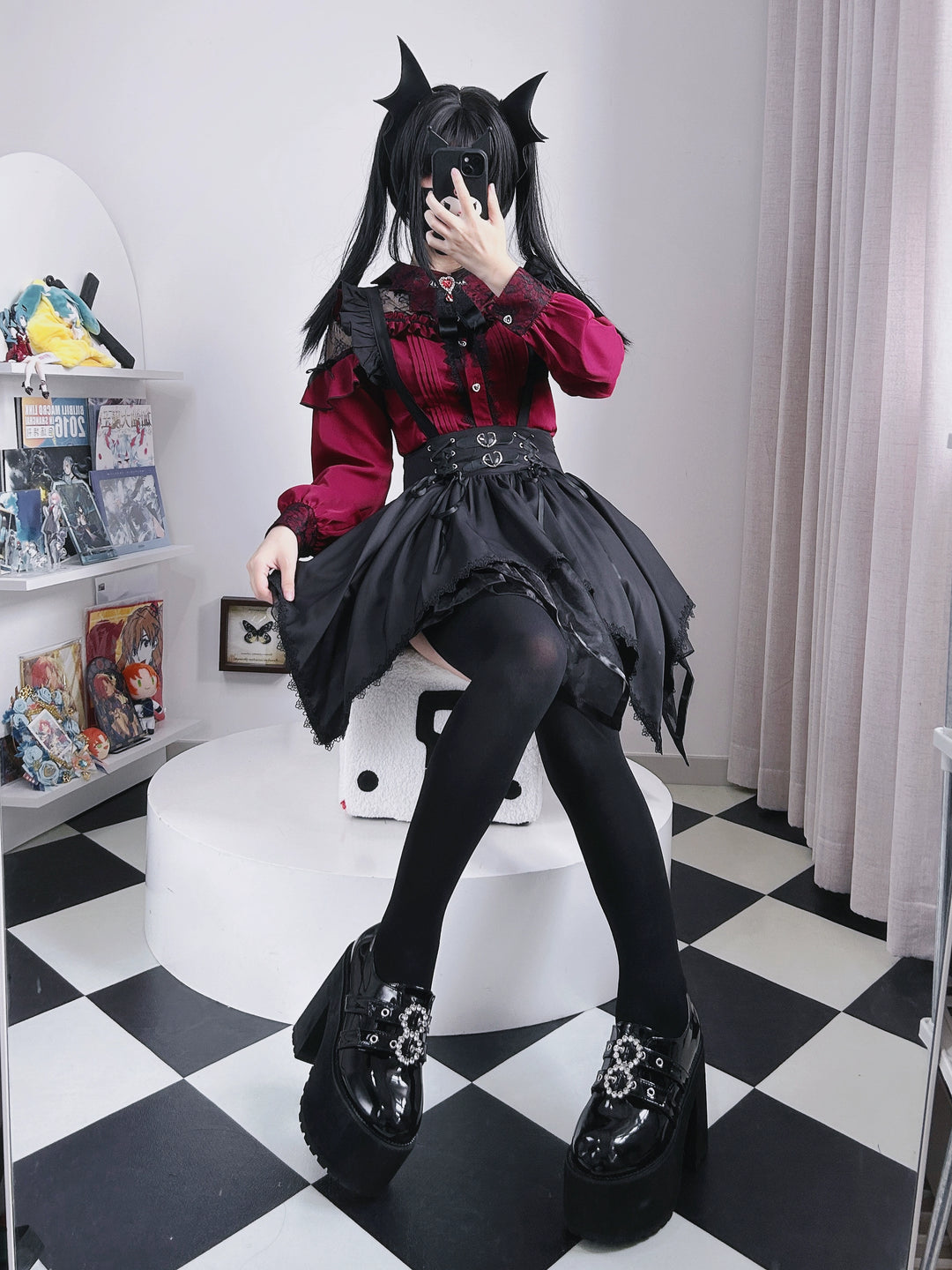 Jirai Kei Blouse Lace Bat Collar Burgundy And Black Shirt 39630:633404