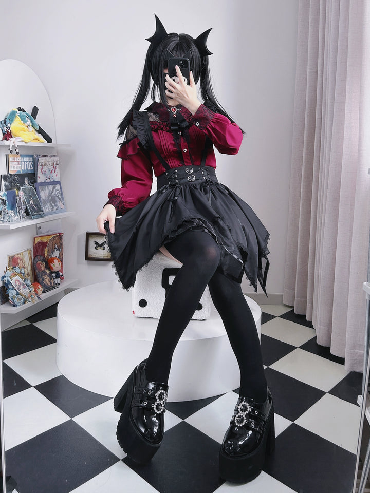 Jirai Kei Blouse Lace Bat Collar Burgundy And Black Shirt 39630:633404