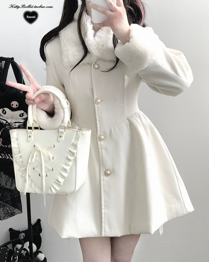 Jirai Kei Coat Detachable Fur Collar Dress Wool-like Jacket 40416:667674