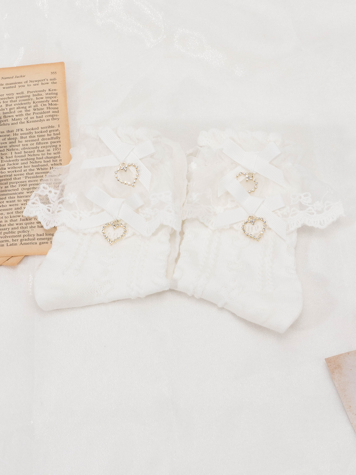 Lolita Mid-Calf Socks With Heart-shaped Rhinestone And Bow (White) 21594:310994