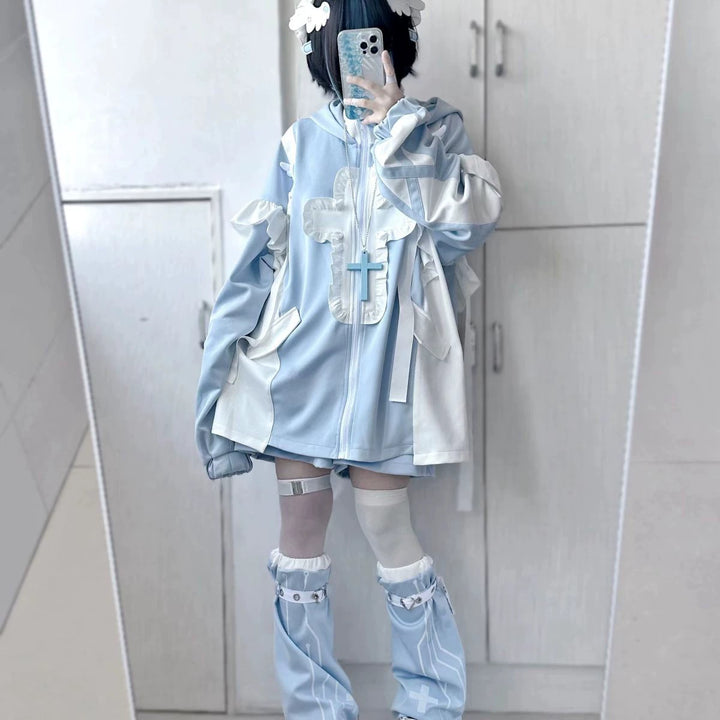 Tenshi Kaiwai Full Set Flounced Blue Cat Ears Coat & Shorts Set (M S) 39094:615440