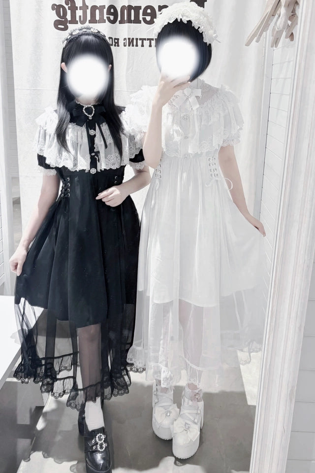 Long Jirai Kei Lace Cape Dress, Detachable Sleeves 43590:780590