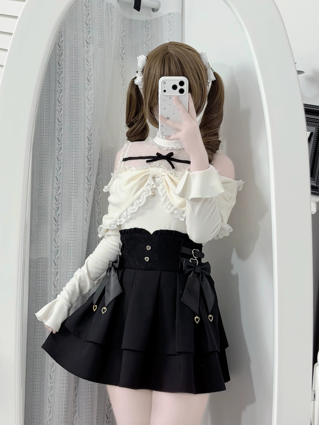 Seiso Kei Sweater and High Waist Skirt Set, Open-Shoulder 45989:871665