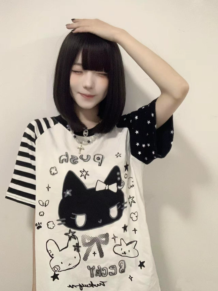 Kawaii Otaku Anime Cat Print Cotton Shirt Black & White 42851:755317
