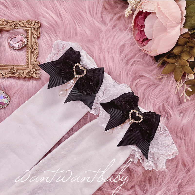 Jirai Kei Socks Black White Pink Blue Bow Lace Socks 21754:320574