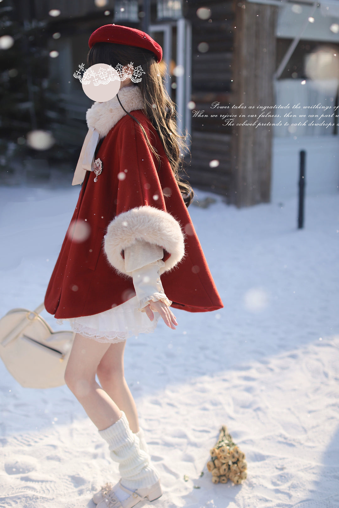 Christmas Woolen Blend Red Cloak, Beige Blouse 44037:793480