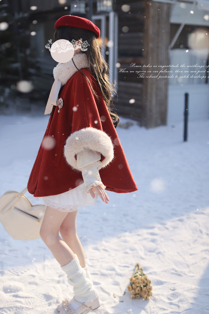 Christmas Woolen Blend Red Cloak, Beige Blouse 44037:793480