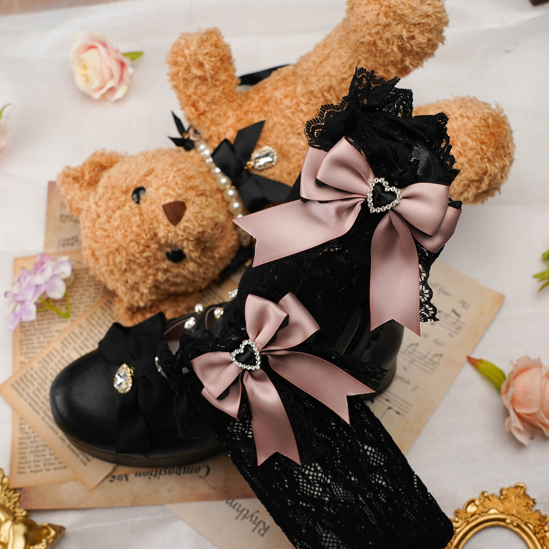 Jirai Kei Socks Kawaii Heart-Shaped Rhinestones and Bow Detail 21542:308610