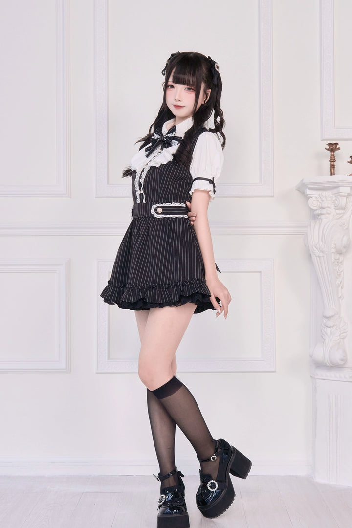 Striped / Solid Jirai Kei Dress, Elastic Shorts 43533:779054