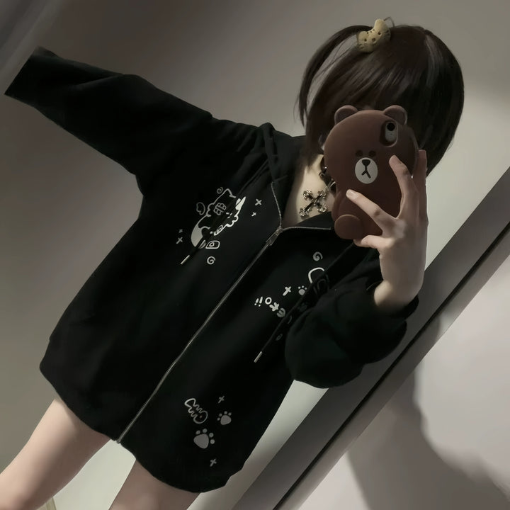 Kawaii Cat Ear Hooded Jacket, Bandage & Fishbone Print (L M XL) 43324:774194