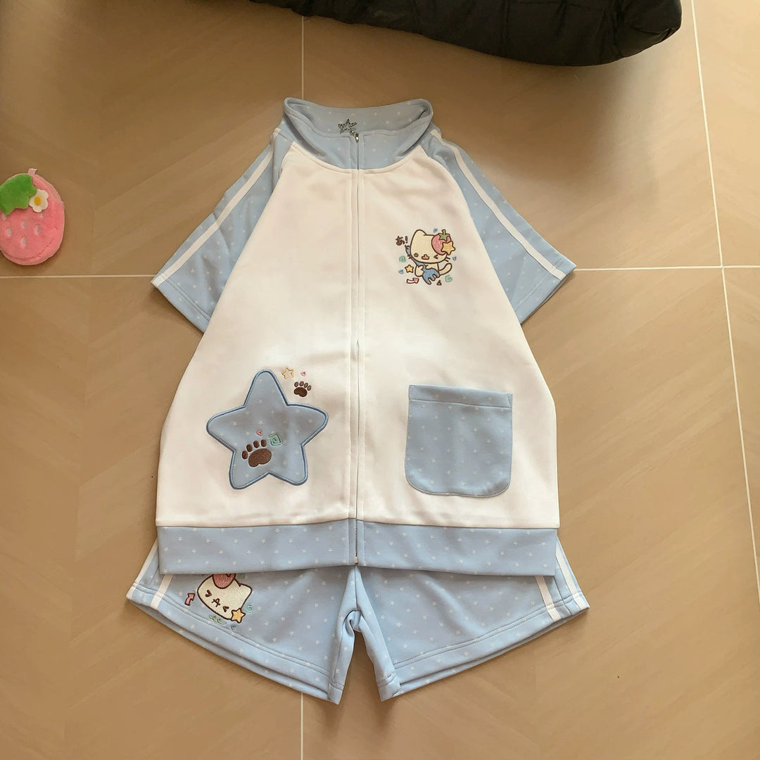 Kawaii Jacket and Shorts Set, Star & Cat Embroidery (L M S) 45640:857457