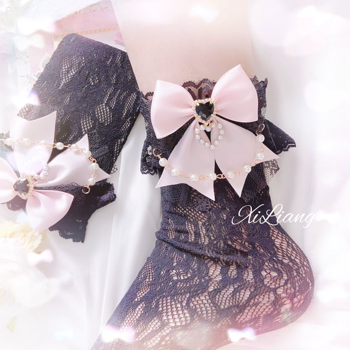 Jirai Kei Socks With Pearl Chain And Sweetheart Rhinestone Detail 28904:326722