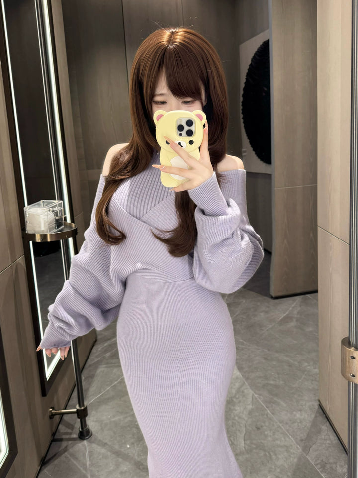 Seiso Kei Knitted Bodycon Dress, Open Shoulder (L M / Purple) 44514:810772