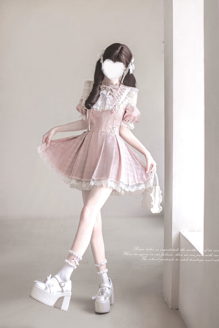 Pink Ryousangata Dress, Lace Trim & Square Rhinestone Bow 43193:770338