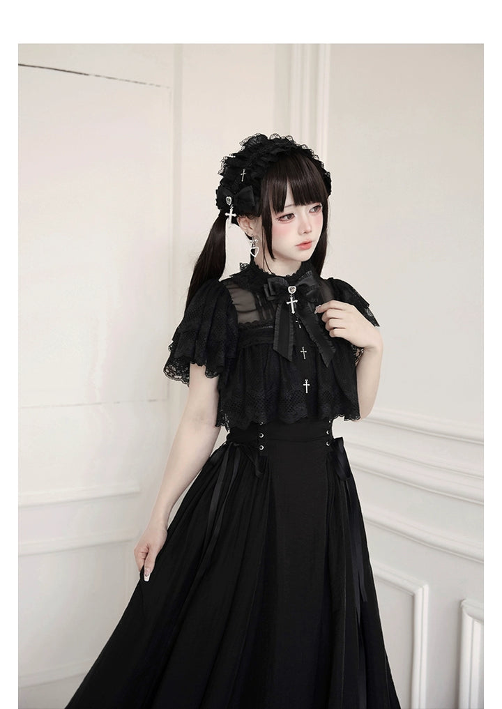 Black / White Jirai Kei Long Dress, Detachable Bow, Cross Detail 43510:778758