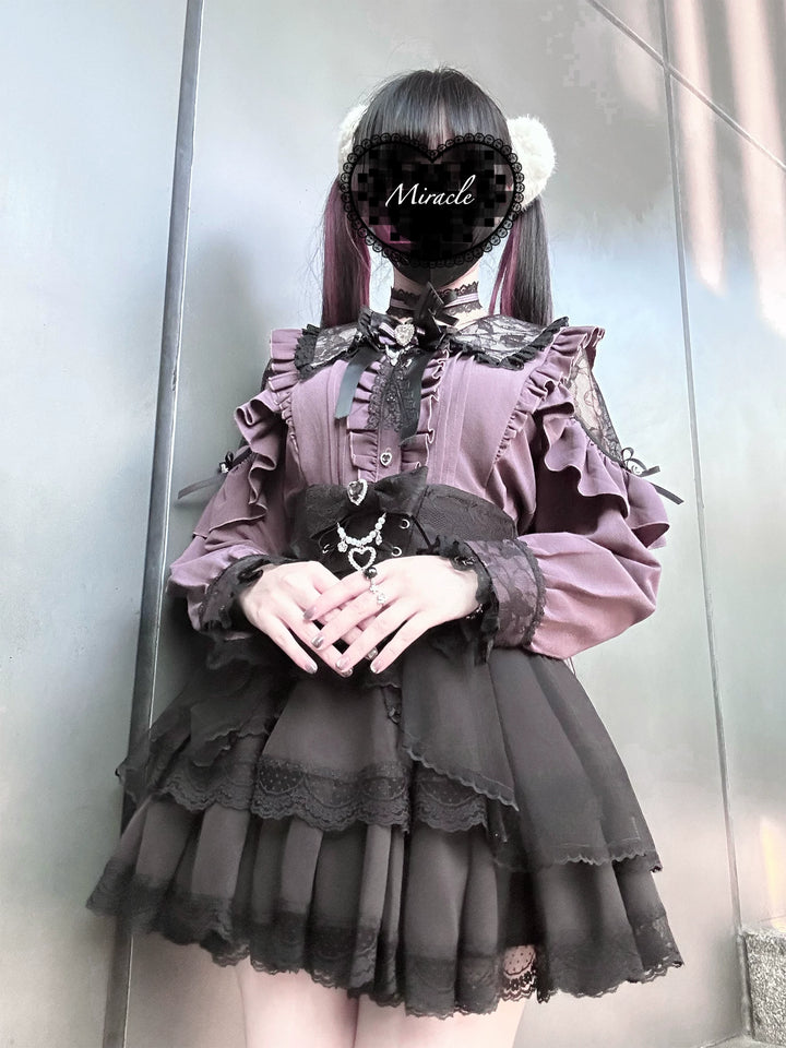 Jirai Kei Long Sleeve Blouse, Lace Open-Shoulder 44588:815055