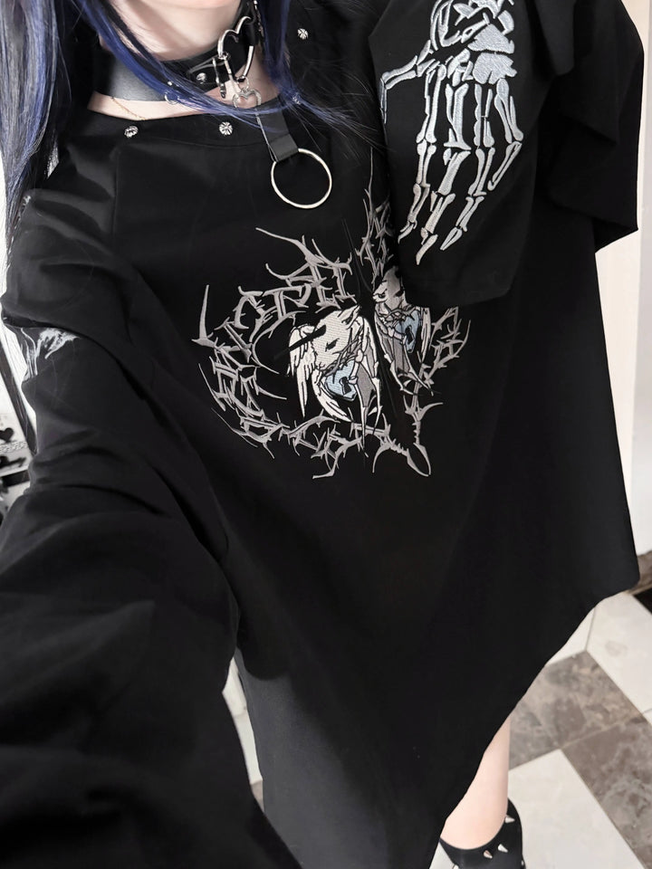 Gothic Long Sleeve Cotton T-Shirt, Demon Ram Embroidery 46062:875037