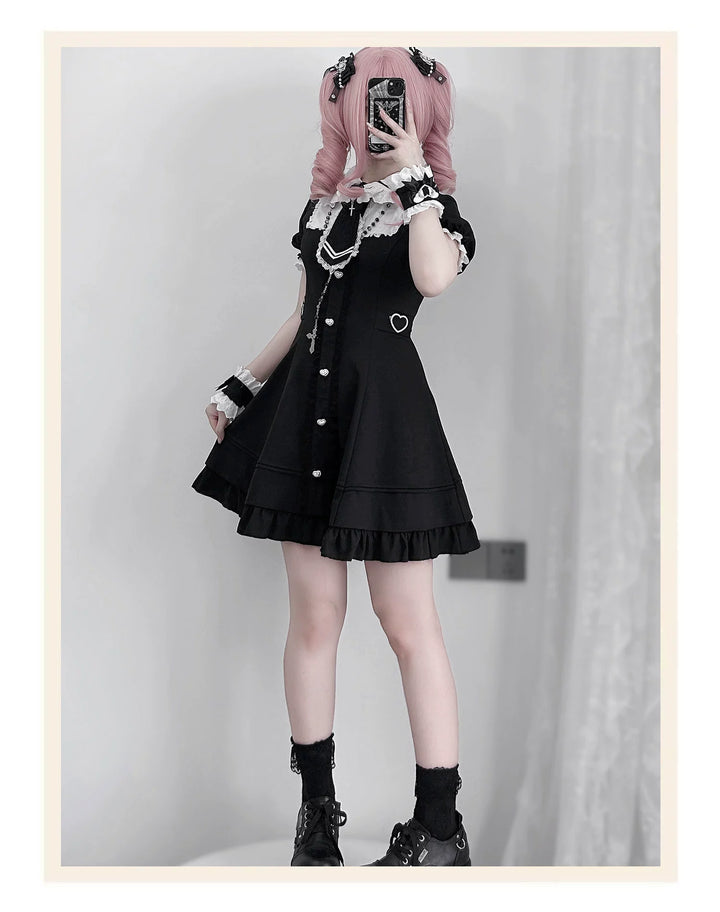 Black and White Jirai Kei Dress, Back Lace-Up 43613:780932