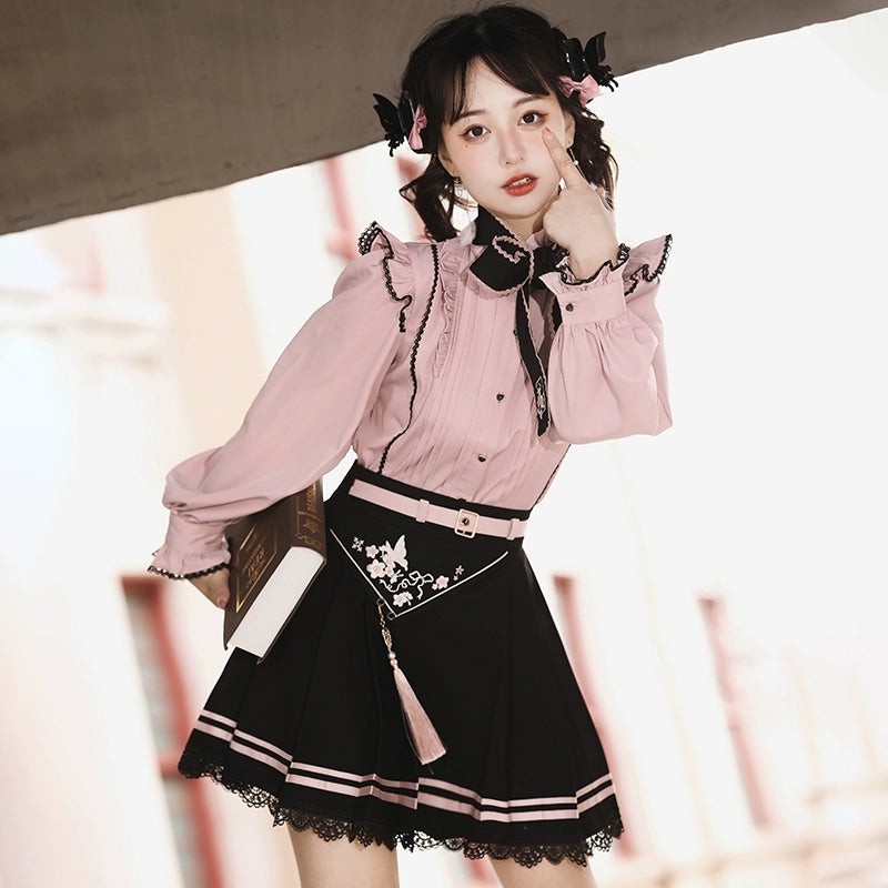 Pink Jirai Kei Blouse Black Skirt Chinese Hanfu Two-piece Set 22036:362426